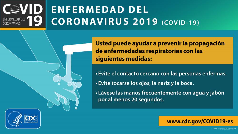spanish translation coronavirus prevention cdc graphic about washing hands. visit https://www.cdc.gov/coronavirus/2019-ncov/prepare/prevention.html
