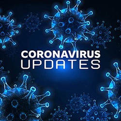 Corona Virus Updates header with depicted on background of magnified virus cells
