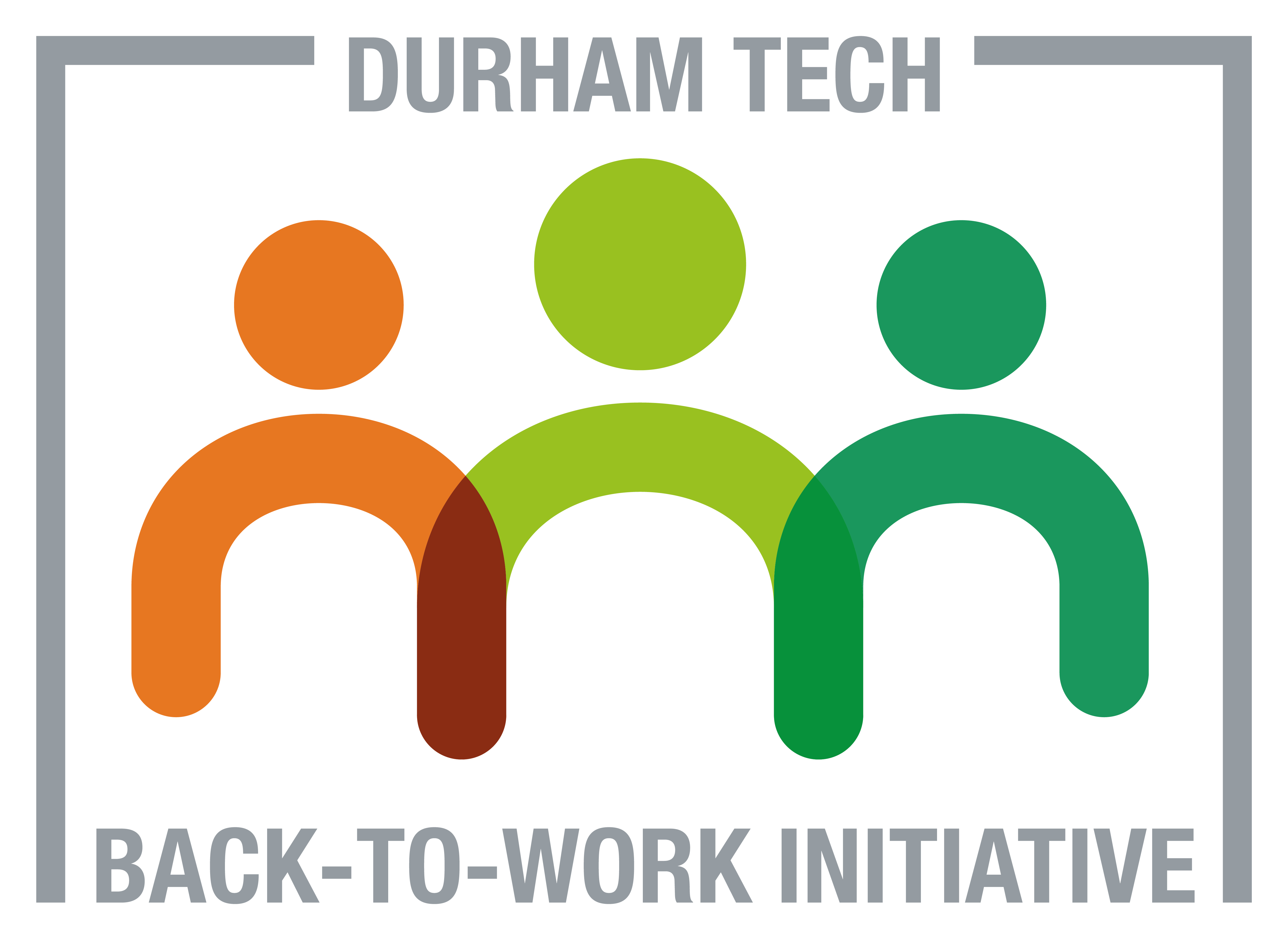 a graphic with three figures that look like people in orange light green and dark green with text that says durham tech back to work initiative