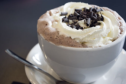 cup of hot chocolate with whipped cream and chocolate shavings on top