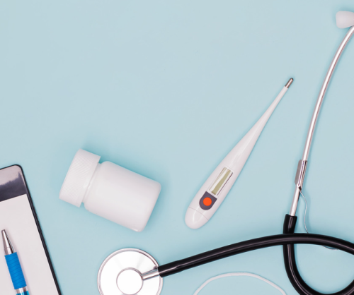 a graphic containing a clipboard, a stethoscope, a pill bottle, and a mouth thermometer