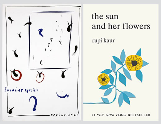 Marwa Helal's "Invasive species" bookcover and Rupi Kaur's "the sun and her flowers" bookcover