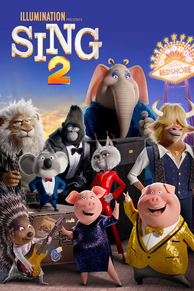 Sing 2 poster with several animal characters attired in sparkly outfits