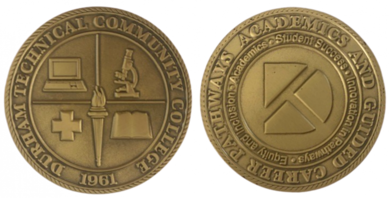 front and back of challenge coin with durham tech seal and logo