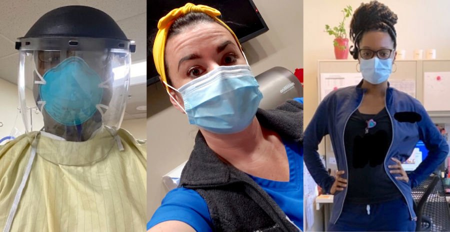 selfies of three healthcare workers combined into one photo, wearing masks