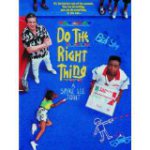 DVD cover of Do the Right Thing shows three actors and sidewalk chalk writing on a blue background