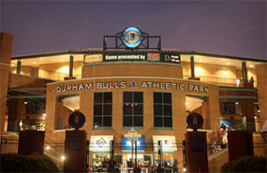 Photo shows the front entrance to the Durham Bulls Athletic Park