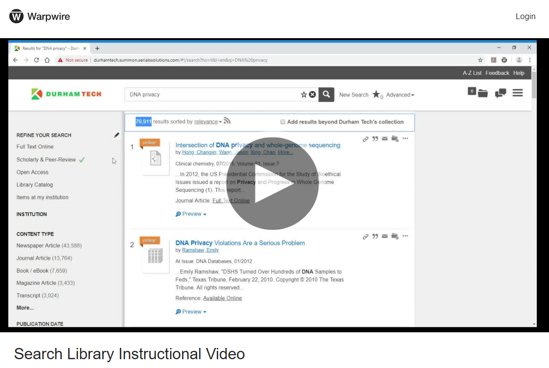 Warpwire Search Library Instructional Video by Stephen Brooks screen grab with play arrow in center