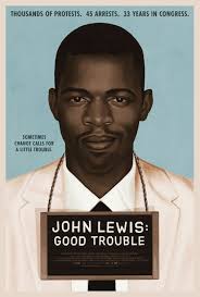 John Lewis 'Good Trouble' documentary film cover showing a drawing of the mugshot a young John Lewis, slightly smiling