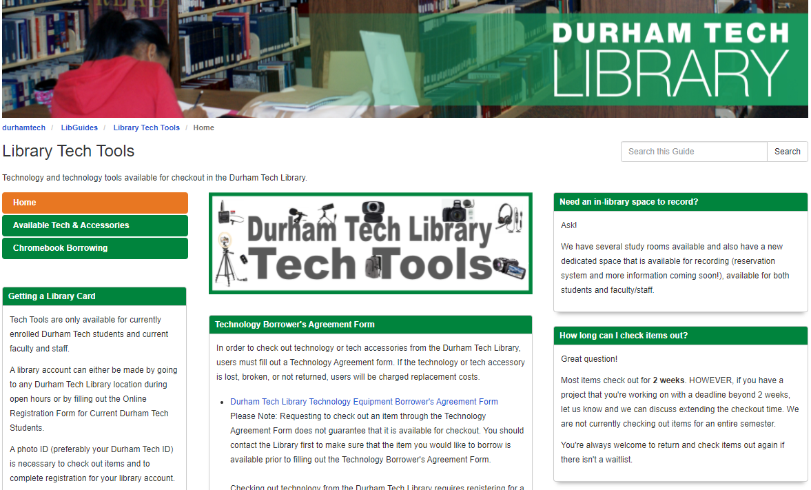 Durham Tech Library Tech Tools LibGuide landing page
