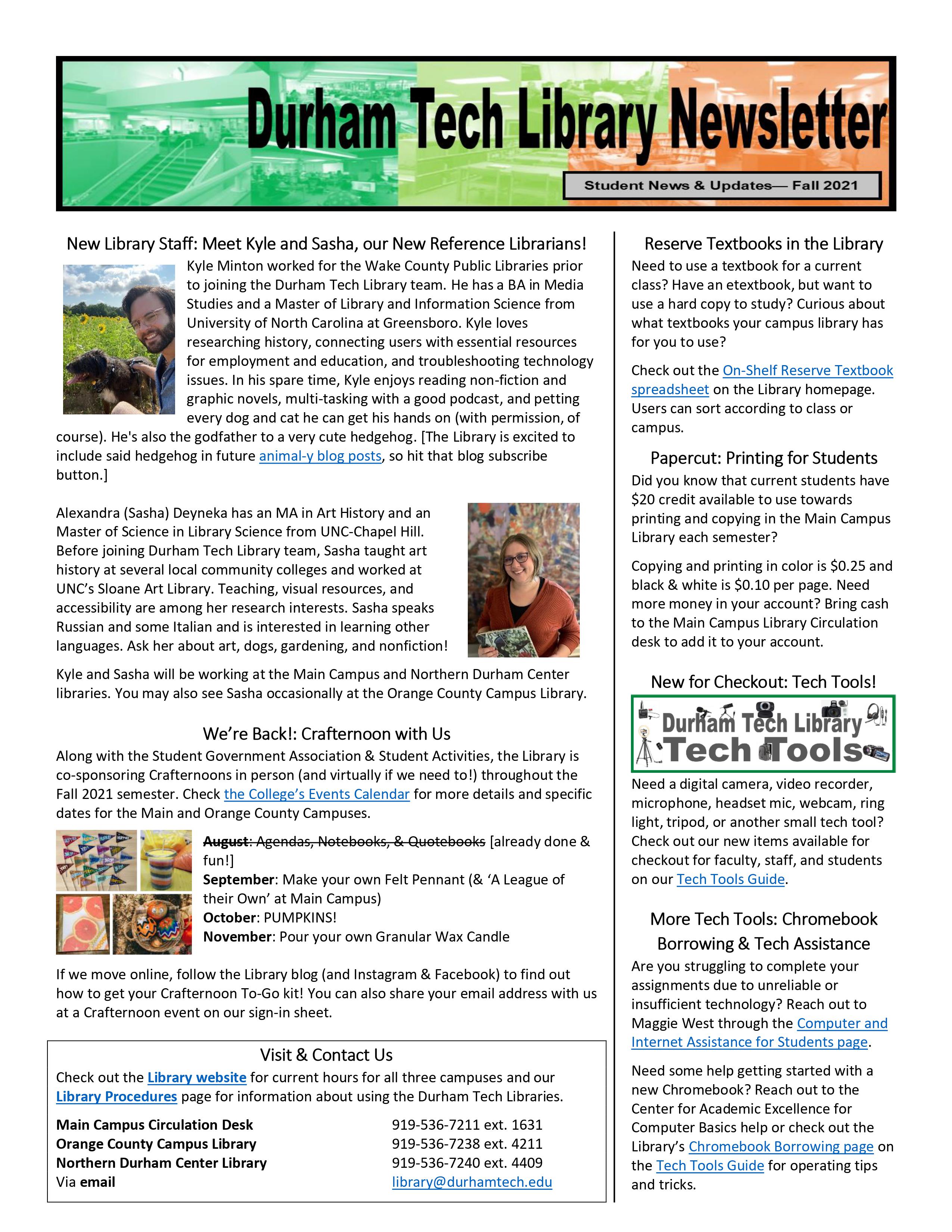 Durham Tech Library Newsletter- Student News & Updates, Fall 2021