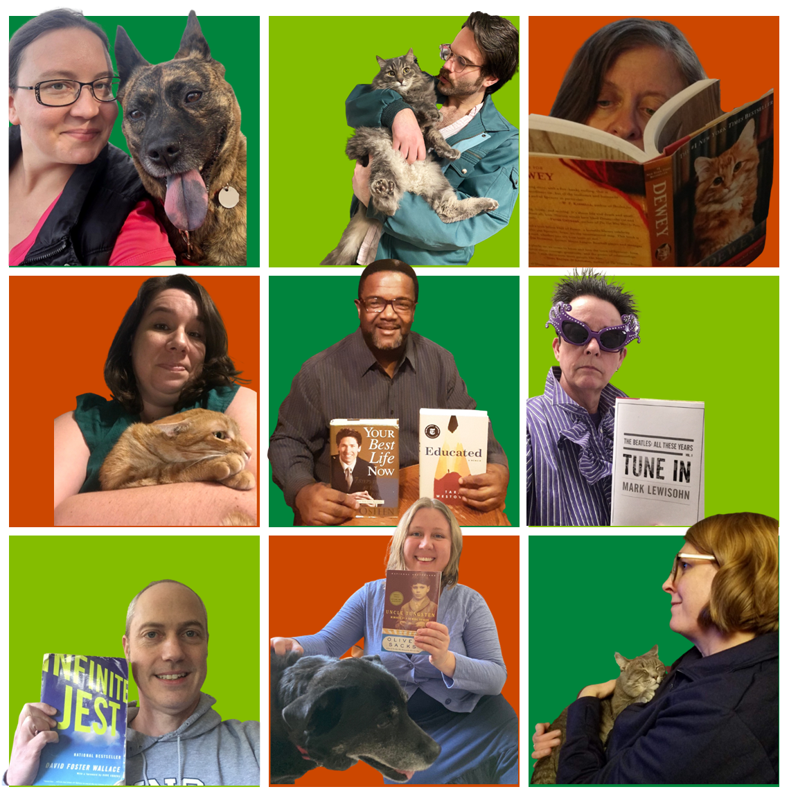 2021-2022 Durham Tech Library staff. More details in caption, including book or animal component and professional title
