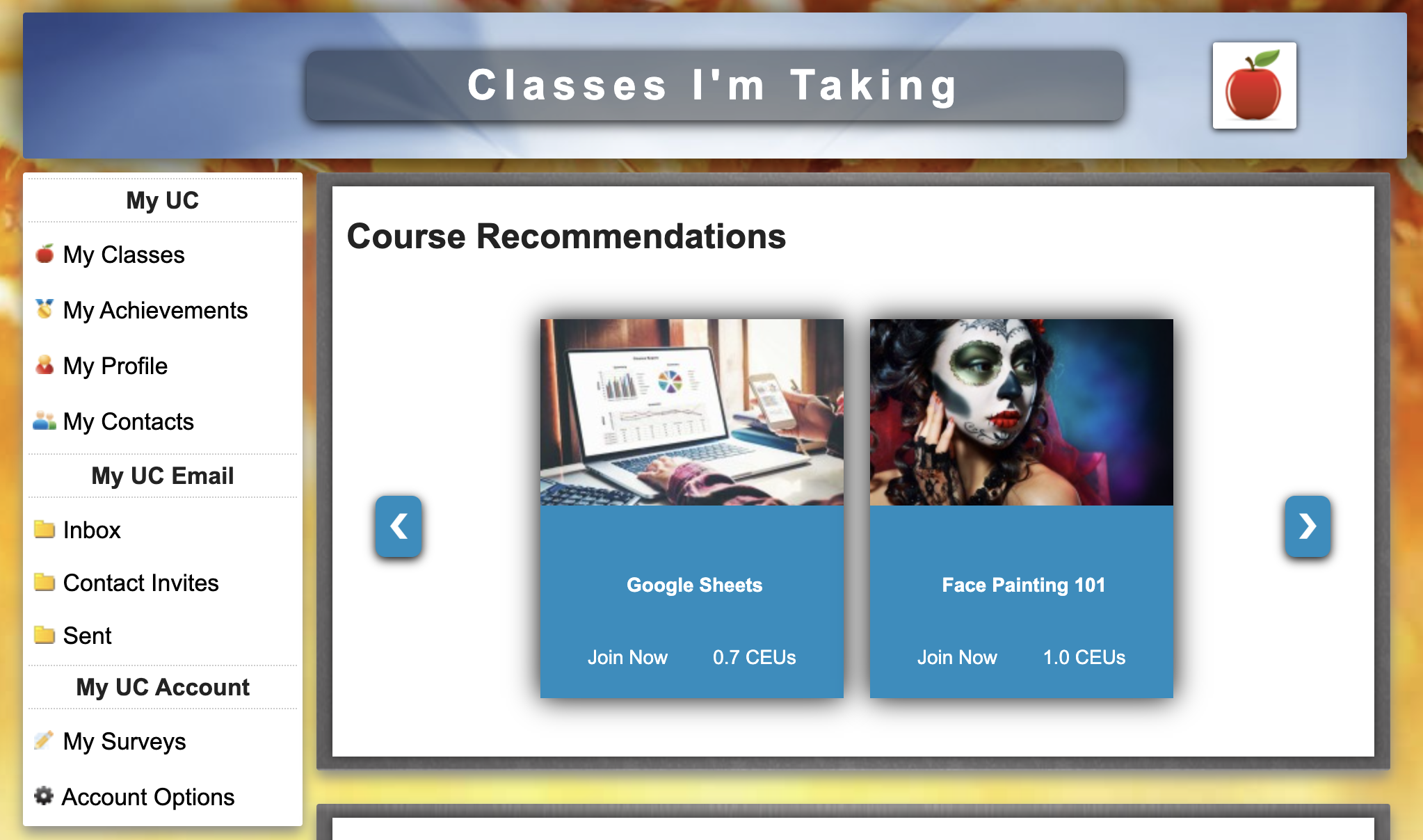 The user landing page for Universal Class. It features user menu options on the left-hand side of the screen and course recommendations in the center