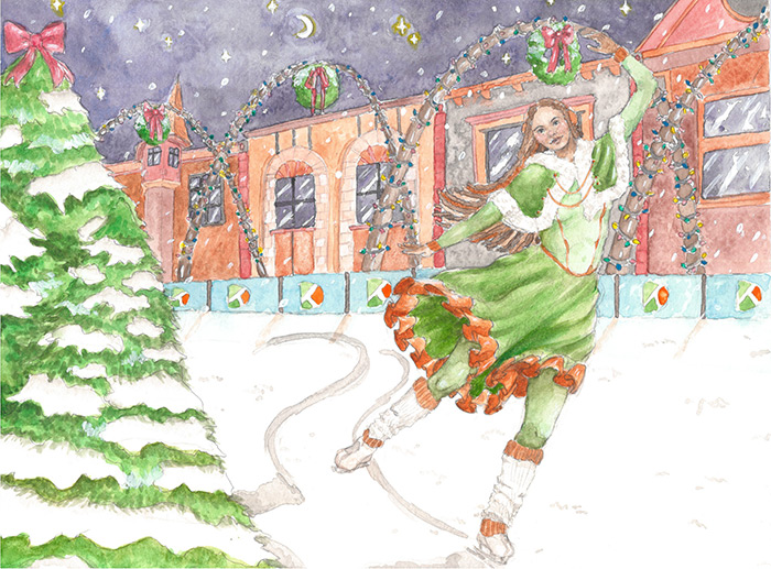 watercolor of a female student ice skating on the Durham Tech campus