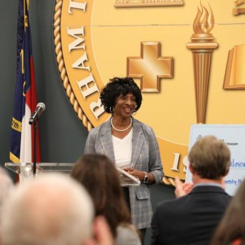 U.S. Rep. Valerie Foushee announces federal funding for Durham Tech's affordable housing initiative.