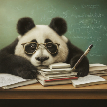 Tired panda professor slumped over students' work, trying their best to get grading done.