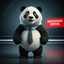 Panda news anchor wearing a tie standing up and reporting breaking news in TV studio.