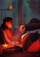 Girl reading a book by candlelight with a hot drink and a pumpkin and cookies.