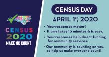 Census 2020: Make NC Count. Census Day, April 1, 2020. Your responses matter. It only takes 10 minutes & is easy. Your responses help direct funding for community services. Our community is counting on you, so help us make everyone count.